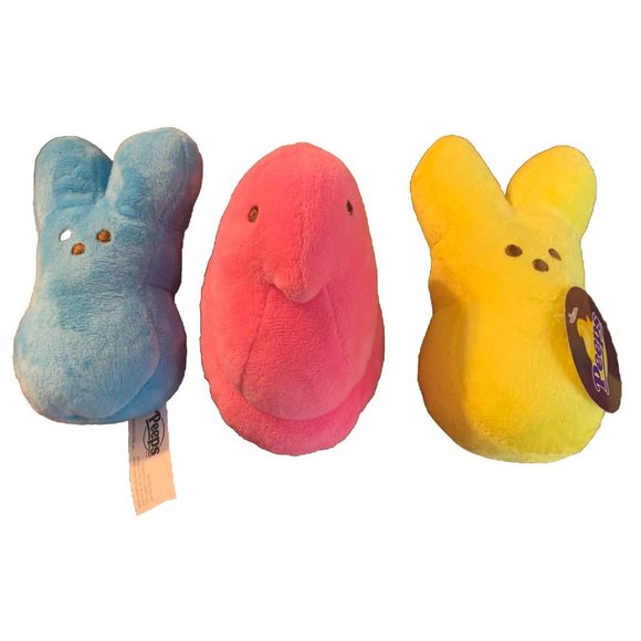 Peeps Plush 4" Blue and Yellow Bunny With Tag and Pink Chick - Picture 1 of 4